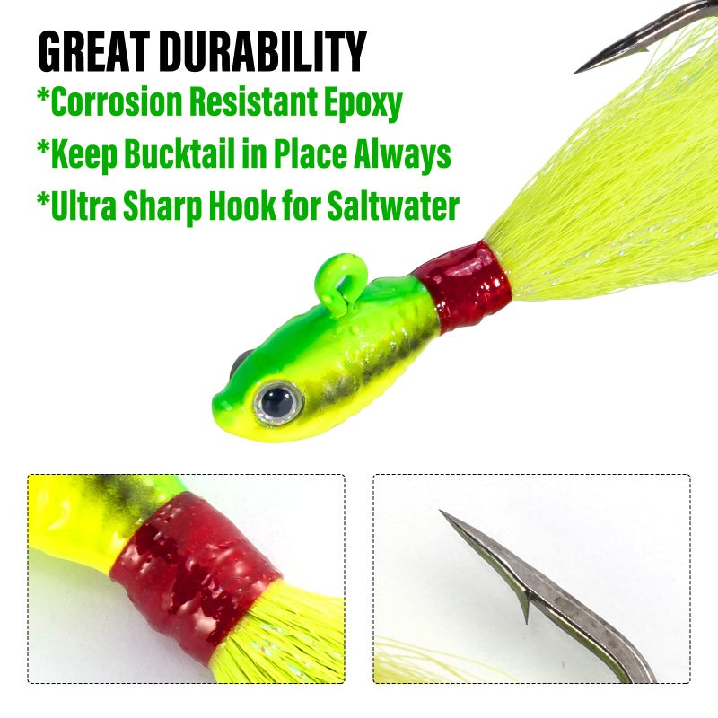 Dr.Fish 3 Pack Bucktail Jig Saltwater Fishing Jig Buck Tail Hair Lure Surf Fishing Bass/Striper/Mackerel/Halibut/Flouder Lure 1/2oz - Image 5
